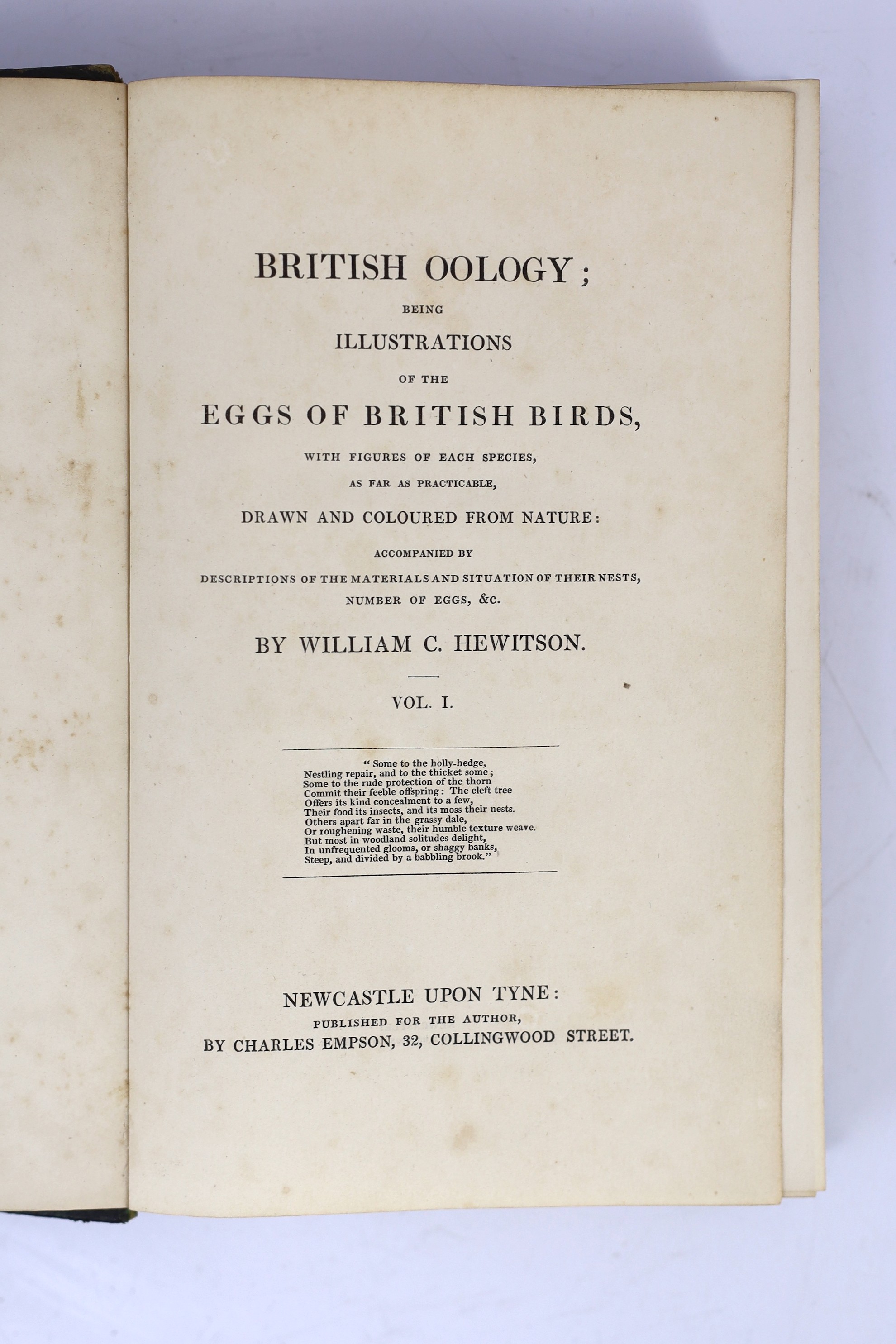 Hewitson, William C. - - British Oology, being Illustrations of the Eggs of British Birds....2 vols. 156 coloured plates (with guards), subscribers list; contemp. green half morocco and marbled boards, gilt decorated pan